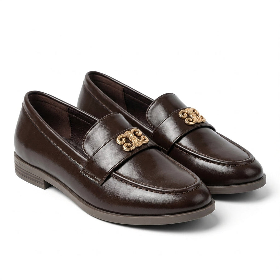 Mocassins Femme Ornement Doré – Marron