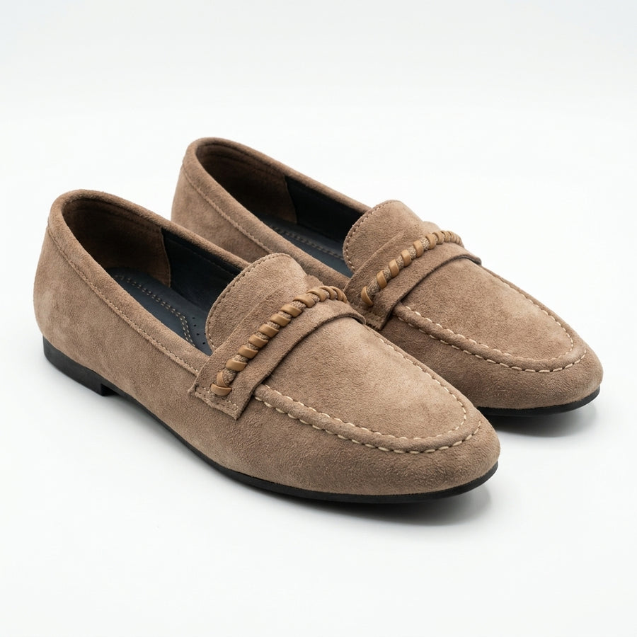 Mocassins Femme Suédine à Bride Tressée – Taupe