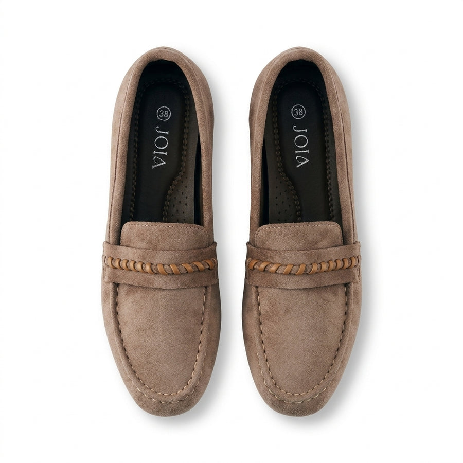 Mocassins Femme Suédine à Bride Tressée – Taupe