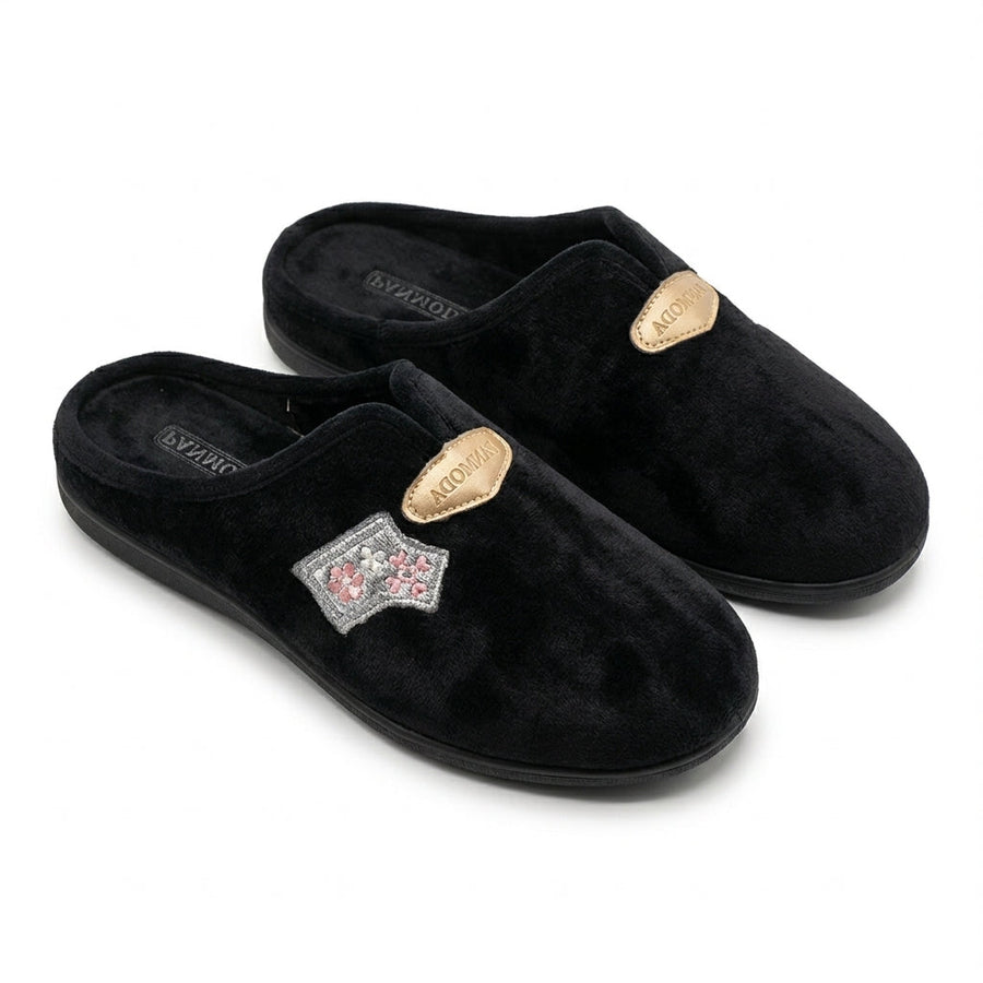 Pantoufles Femme Hiver PANMODA – made in spain 🇪🇸 – Noir Écusson
