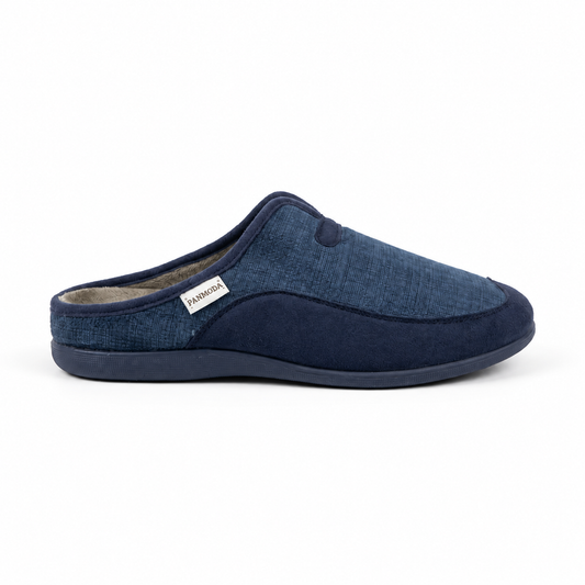 Pantoufles homme PANMODA bleu marine en tissu chiné, Made in Spain, vue profil – Bombas Maroc