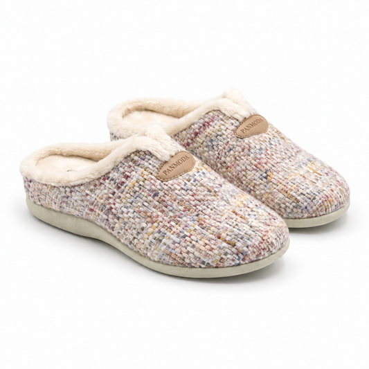 Pantoufles femme PANMODA tweed multicolore avec intérieur crème, Made in Spain, vue paire – Bombas Maroc