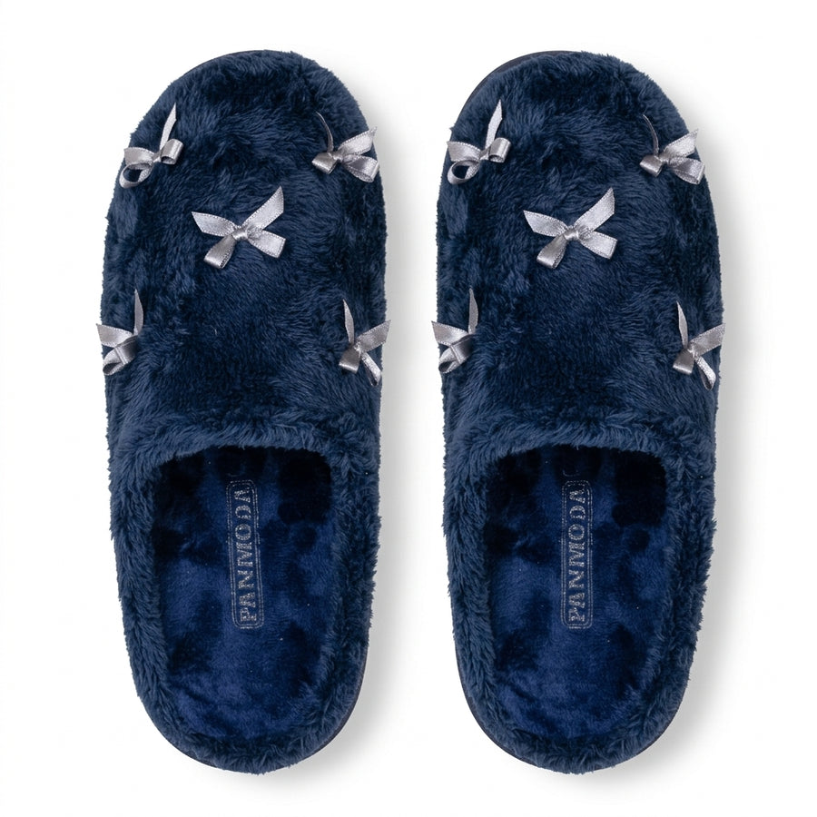 Women's Winter Slippers – Bows – Navy Blue