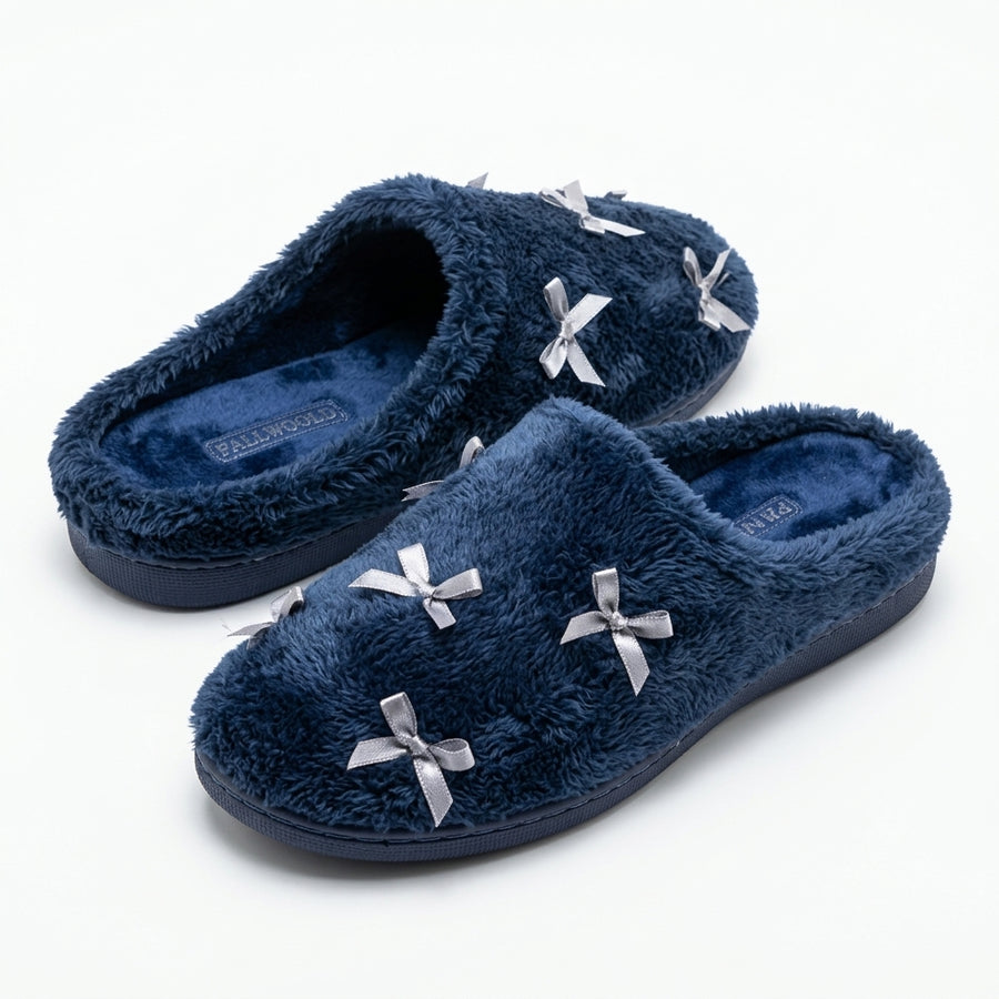 Women's Winter Slippers – Bows – Navy Blue