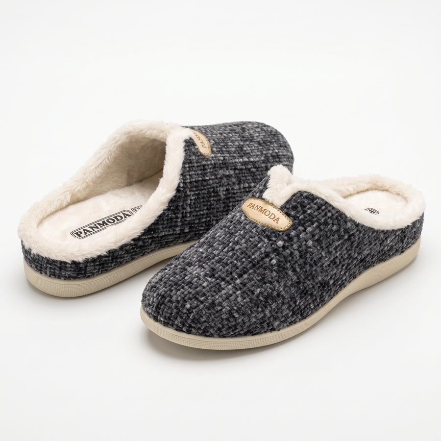 Pantoufles Femme Hiver – Tweed – Gris Anthracite