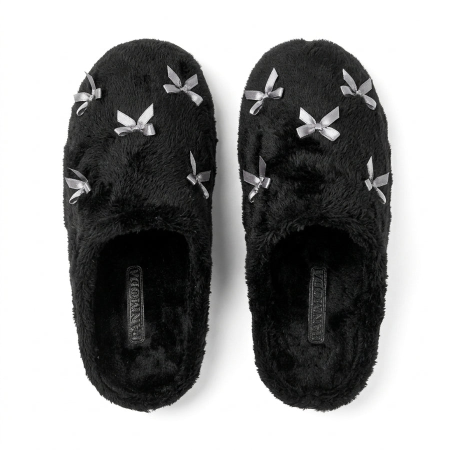 Pantoufles Femme Hiver – Nœuds – Noir