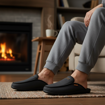 pantoufles homme RODEVIL portées devant cheminée | chaussons confort et chaleur pour maison au Maroc