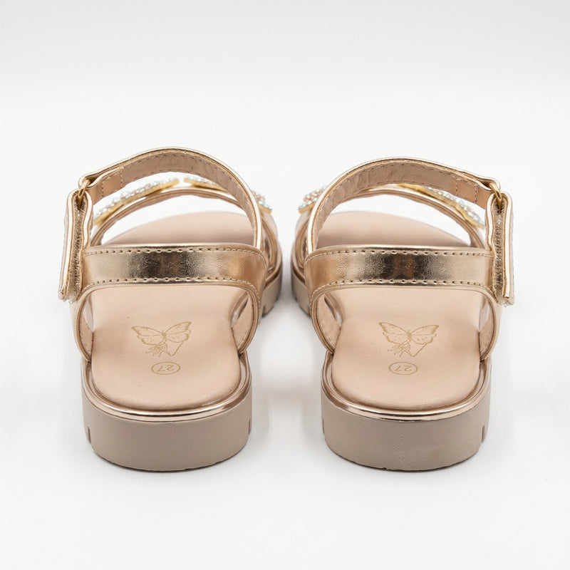 Sandales Fille Oré Métallisé Papillons Strass – Semelle Plateforme – Importées d’Espagne 🇪🇸