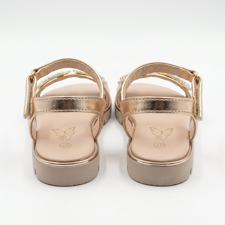 Sandales Fille Oré Métallisé Papillons Strass – Semelle Plateforme – Importées d’Espagne 🇪🇸