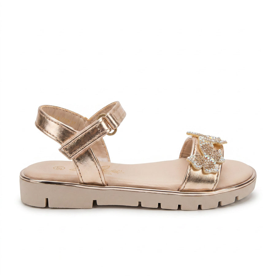 Sandales Fille Oré Métallisé Papillons Strass – Semelle Plateforme – Importées d’Espagne 🇪🇸