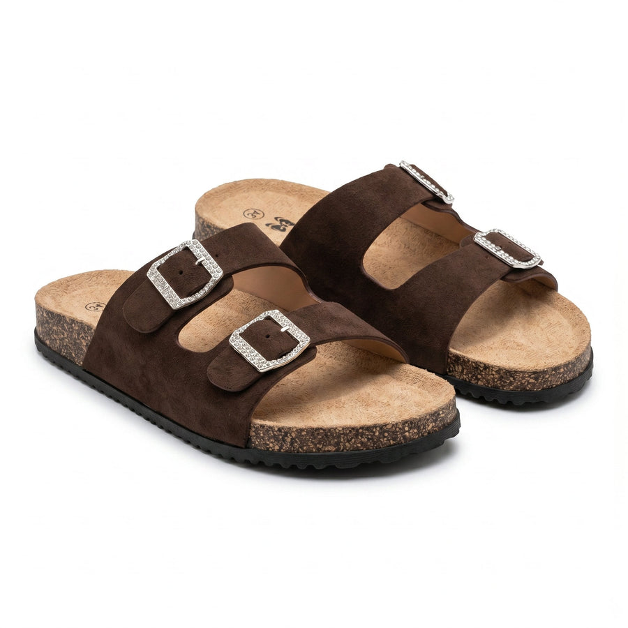 Sandales Fille Marron Chocolat – Double Boucle Strass – Importées d'Espagne 🇪🇸
