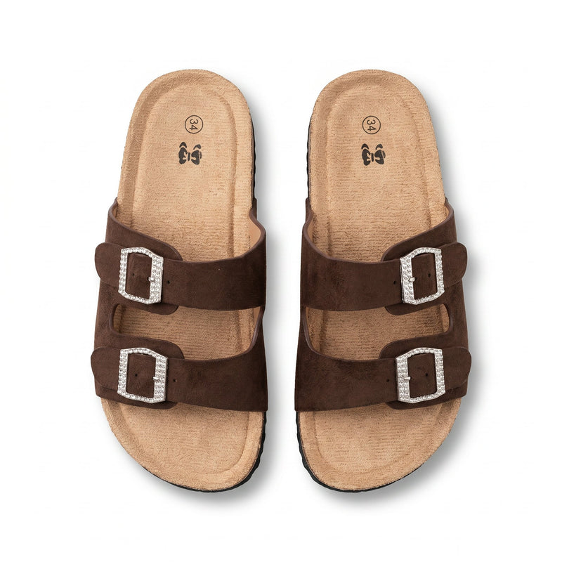 Sandales Fille Marron Chocolat – Double Boucle Strass – Importées d'Espagne 🇪🇸