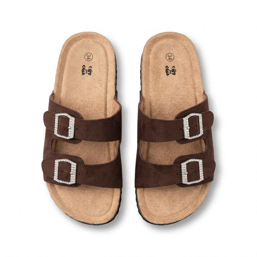 Sandales Fille Marron Chocolat – Double Boucle Strass – Importées d'Espagne 🇪🇸