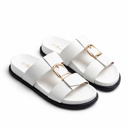 Sandales femme double bride boucle dorée blanc vue 3/4 paire — Bombas Maroc livraison à domicile