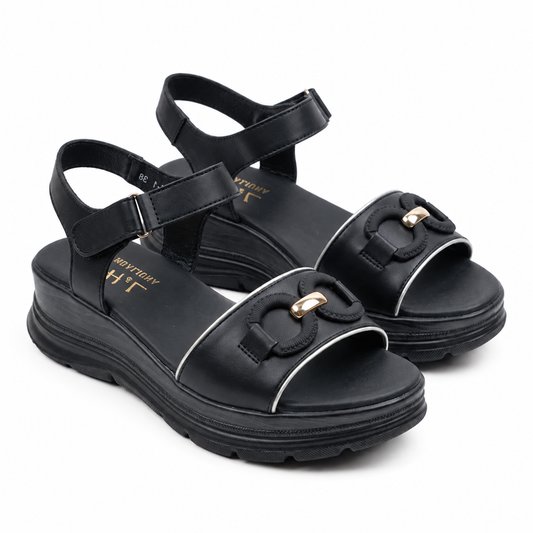 Sandales femme noires bride cheville ornement tressé doré vue 3/4 paire — Bombas Maroc livraison à domicile