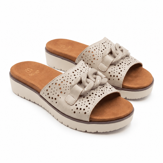Mules femme plateforme perforée chaîne beige Ceade — vue 3/4 paire — Bombas Maroc livraison à domicile