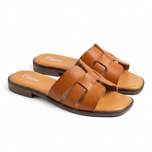Sandales femme cuir camel texture lézard style Oran Baliou - paire - Bombas Maroc