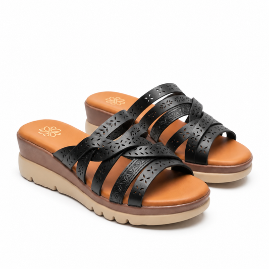 Sandales femme tressées noir multi-brides vue 3/4 paire - Bombas Maroc, livraison à domicile