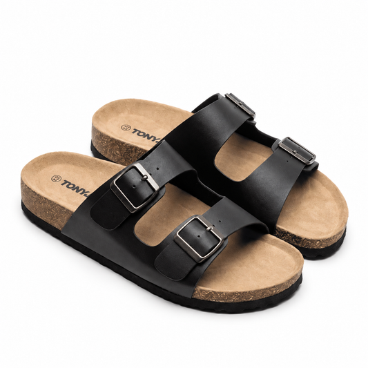 Sandales homme noir double bride boucles gunmetal semelle liège Tony.P - Bombas Maroc livraison à domicile