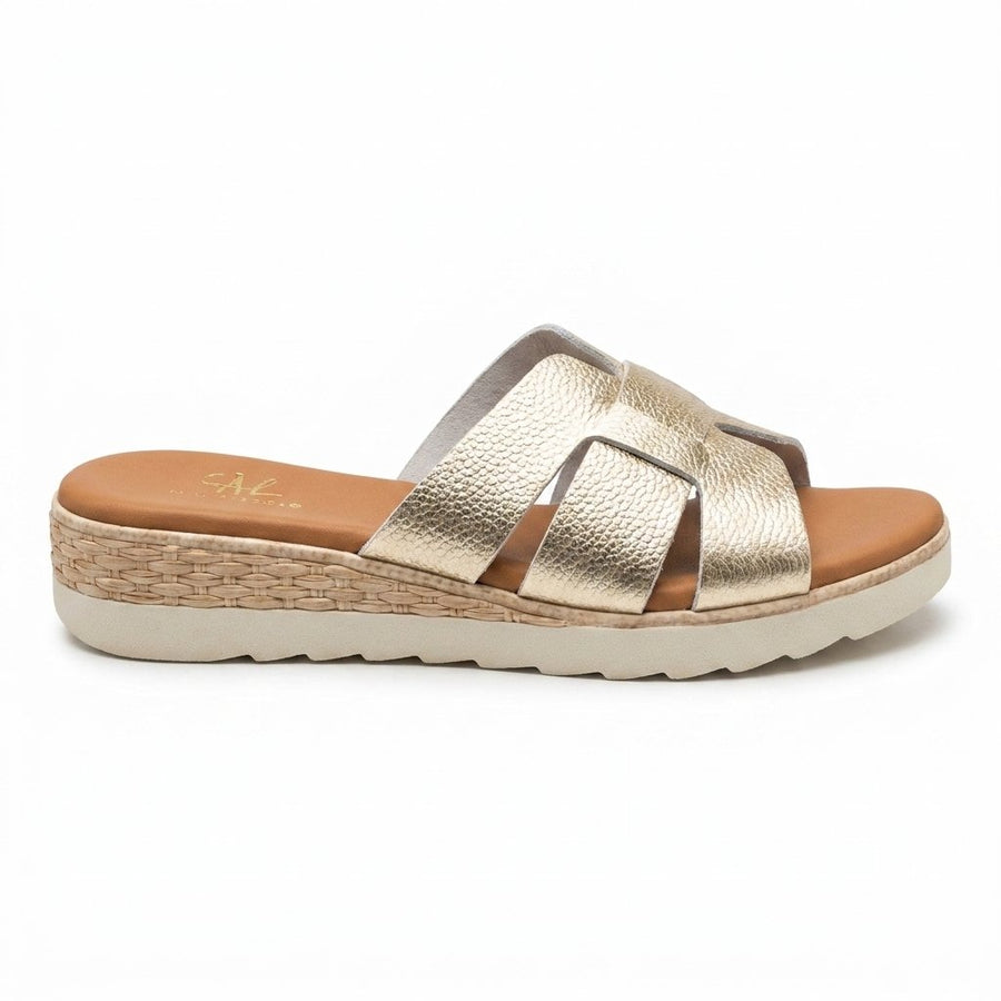 Sandales Femme Style H Cuir Métallisé Doré - Compensée Raphia -Importées d'Espagne 🇪🇸