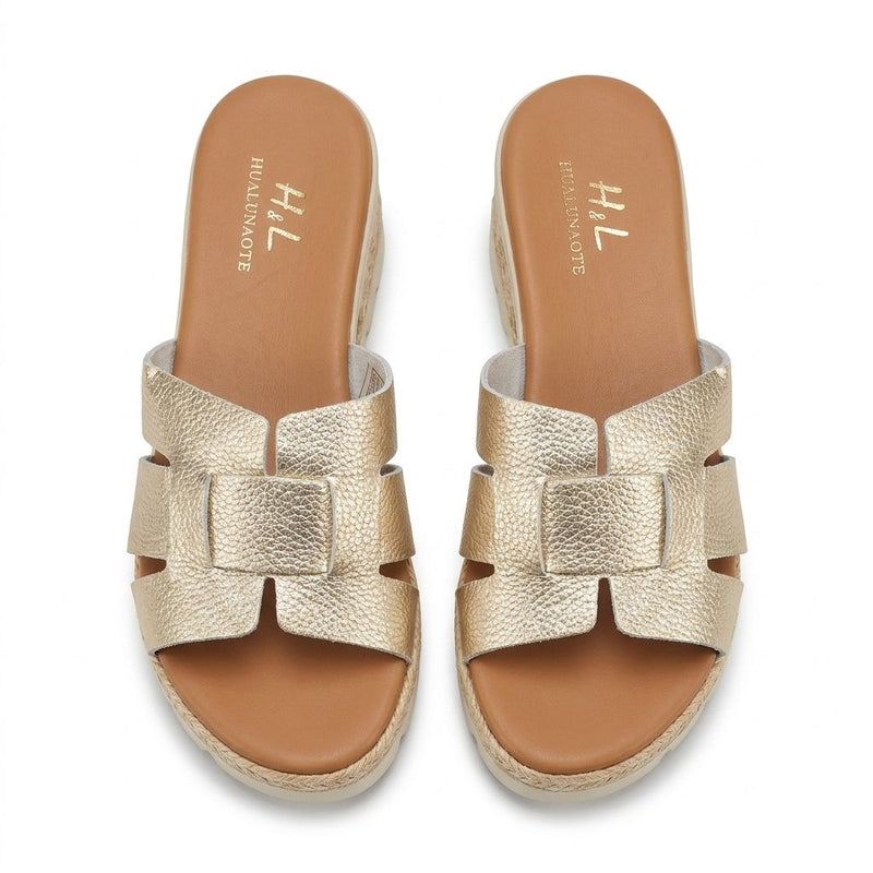 Sandales Femme Style H Cuir Métallisé Doré - Compensée Raphia -Importées d'Espagne 🇪🇸