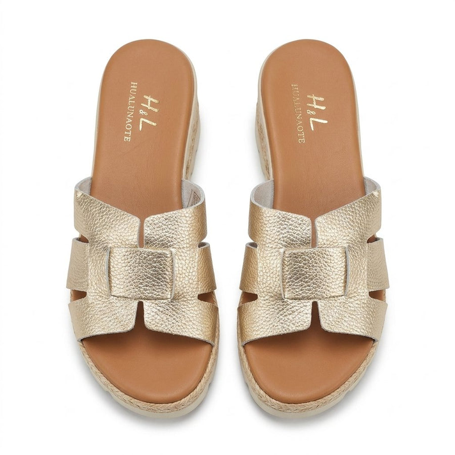 Sandales Femme Style H Cuir Métallisé Doré - Compensée Raphia -Importées d'Espagne 🇪🇸