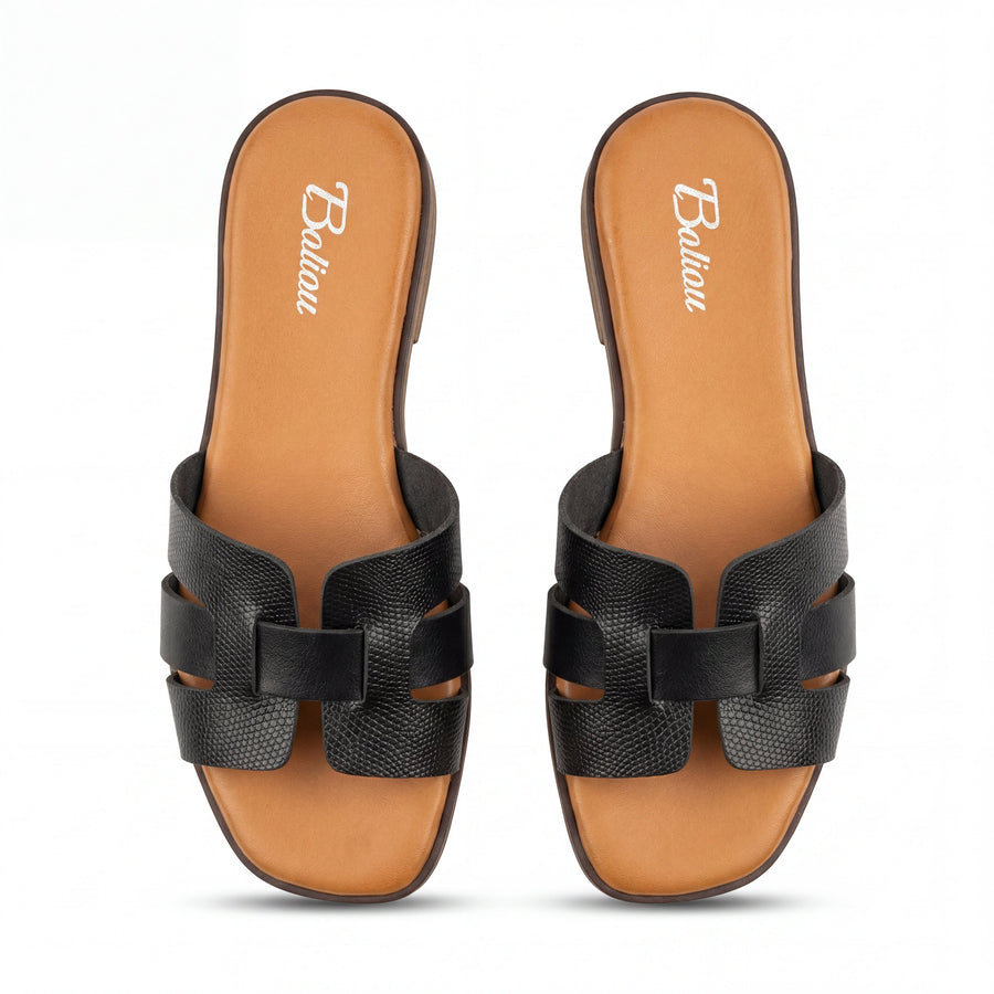 Sandales Femme Cuir Noir Texture Lézard Style Oran — Baliou — Importées d'Espagne 🇪🇸