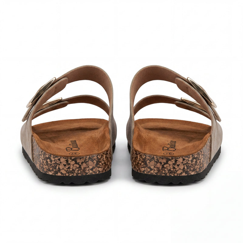 Sandales Femme Suède Taupe Double Boucle Dorée Semelle Liège — Baliou — Importées d'Espagne 🇪🇸