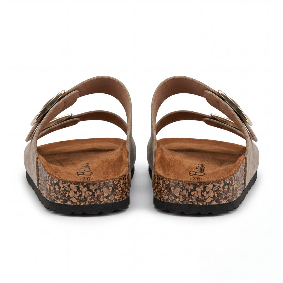 Sandales Femme Suède Taupe Double Boucle Dorée Semelle Liège — Baliou — Importées d'Espagne 🇪🇸