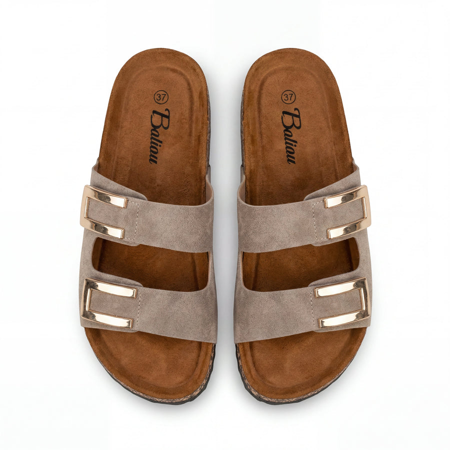 Sandales Femme Suède Taupe Double Boucle Dorée Semelle Liège — Baliou — Importées d'Espagne 🇪🇸
