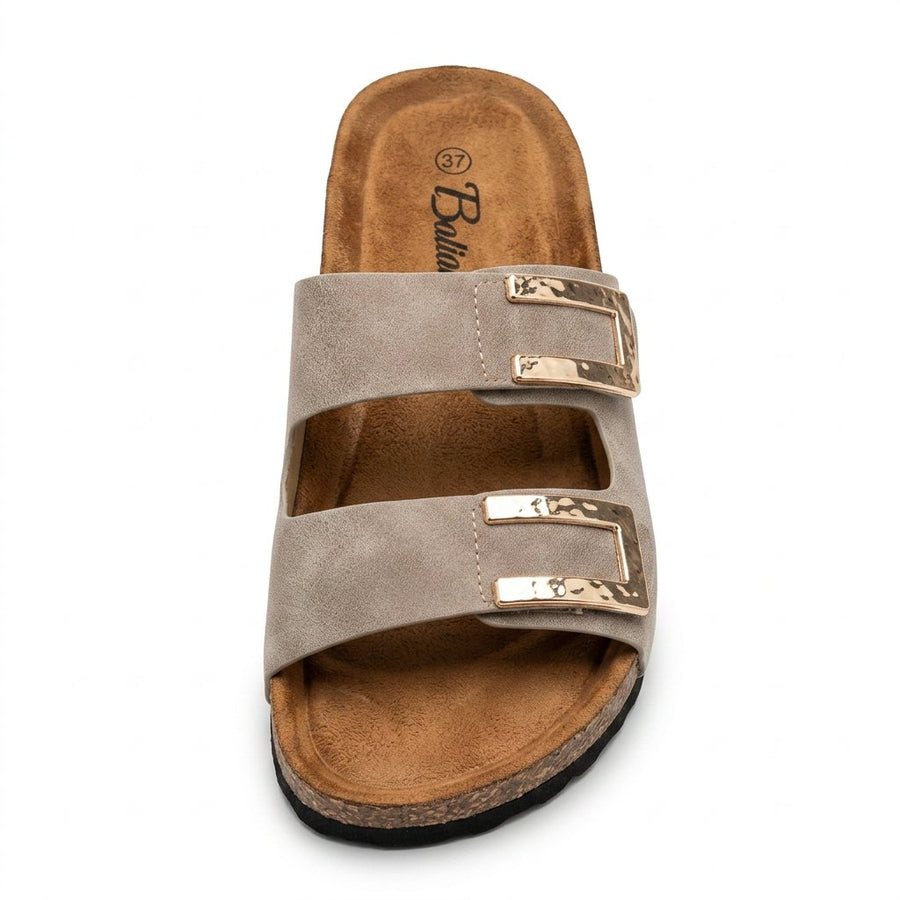 Sandales Femme Suède Taupe Double Boucle Dorée Semelle Liège — Baliou — Importées d'Espagne 🇪🇸