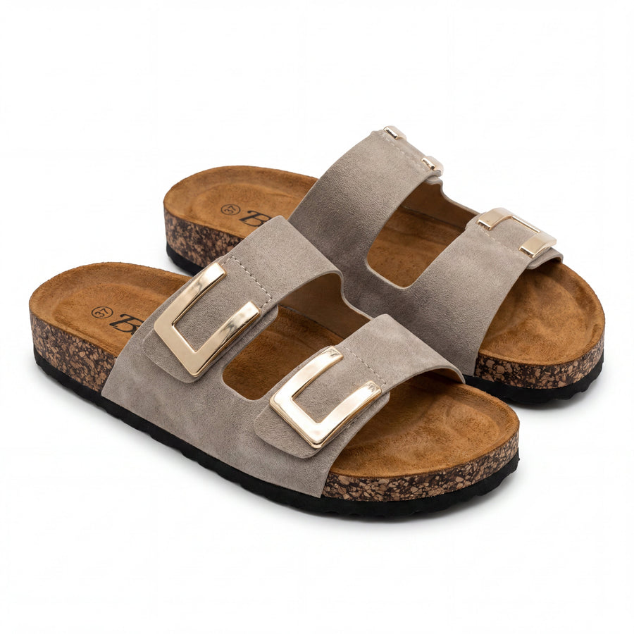Sandales Femme Suède Taupe Double Boucle Dorée Semelle Liège — Baliou — Importées d'Espagne 🇪🇸
