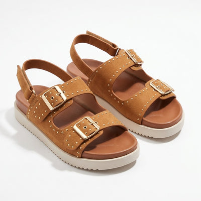 Sandales Filles Camel Double Boucle Dorée Clous — Importées d'Espagne 🇪🇸