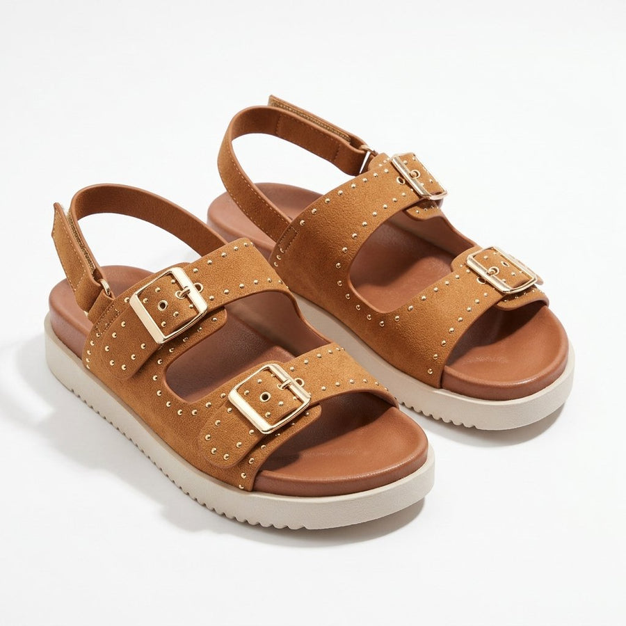 Sandales Filles Camel Double Boucle Dorée Clous — Importées d'Espagne 🇪🇸