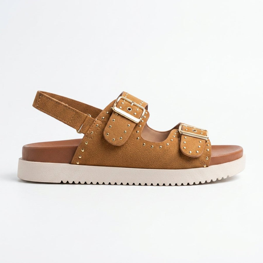 Sandales Filles Camel Double Boucle Dorée Clous — Importées d'Espagne 🇪🇸