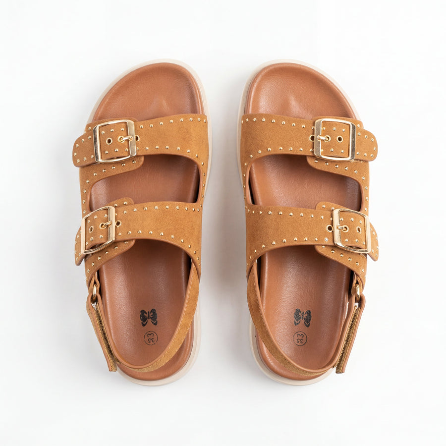 Sandales Filles Camel Double Boucle Dorée Clous — Importées d'Espagne 🇪🇸