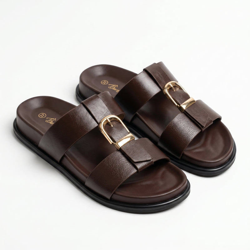Sandales Femme Double Bride Boucle Dorée — Marron -  Importées d'Espagne 🇪🇸