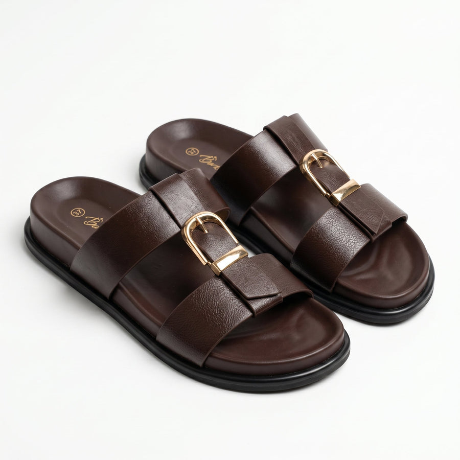 Sandales Femme Double Bride Boucle Dorée — Marron -  Importées d'Espagne 🇪🇸
