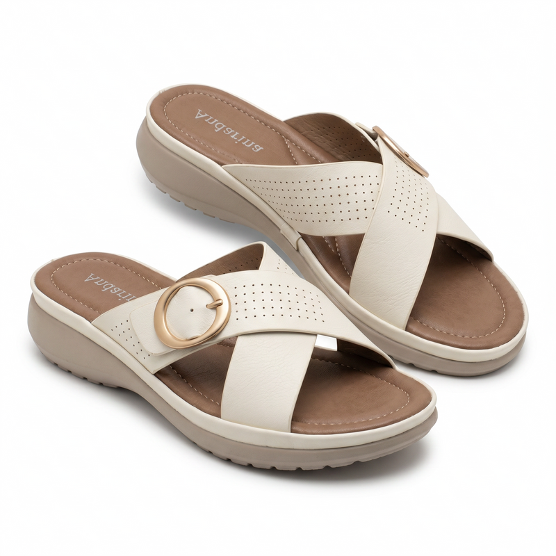 Sandales Femme Andarina Brides Perforées Blanc Crème Boucle Dorée – Bombas Importé d'Espagne 🇪🇸
