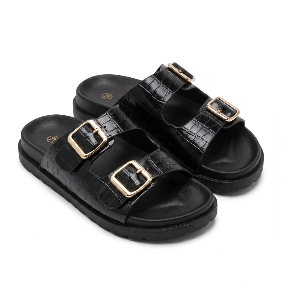 Sandales Femme Croco Noir Double Bride Boucles Dorées – Importées d'Espagne 🇪🇸