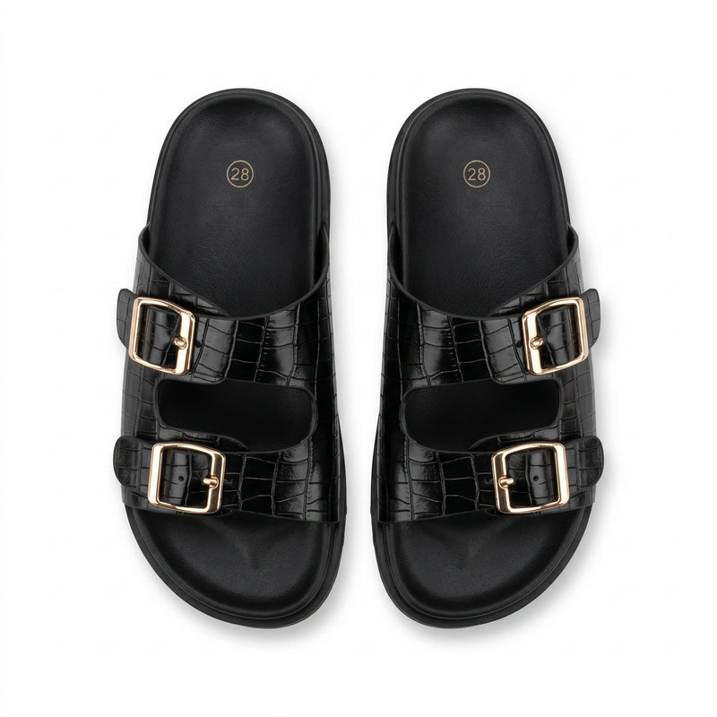 Sandales Femme Croco Noir Double Bride Boucles Dorées – Importées d'Espagne 🇪🇸