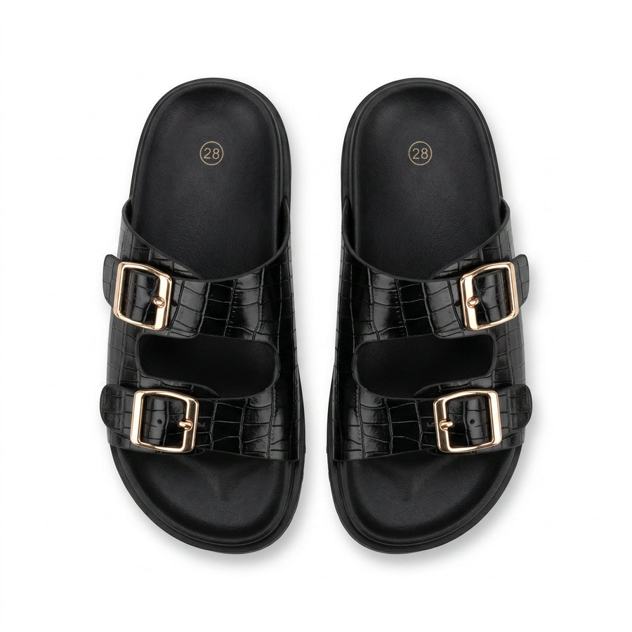 Sandales Femme Croco Noir Double Bride Boucles Dorées – Importées d'Espagne 🇪🇸