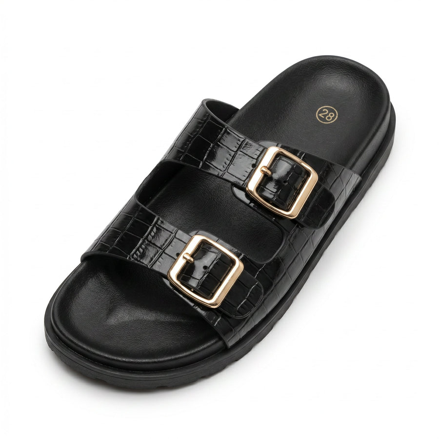 Sandales Femme Croco Noir Double Bride Boucles Dorées – Importées d'Espagne 🇪🇸