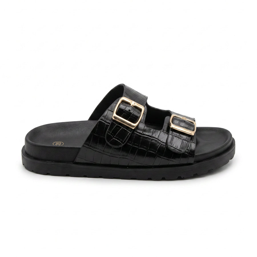 Sandales Femme Croco Noir Double Bride Boucles Dorées – Importées d'Espagne 🇪🇸