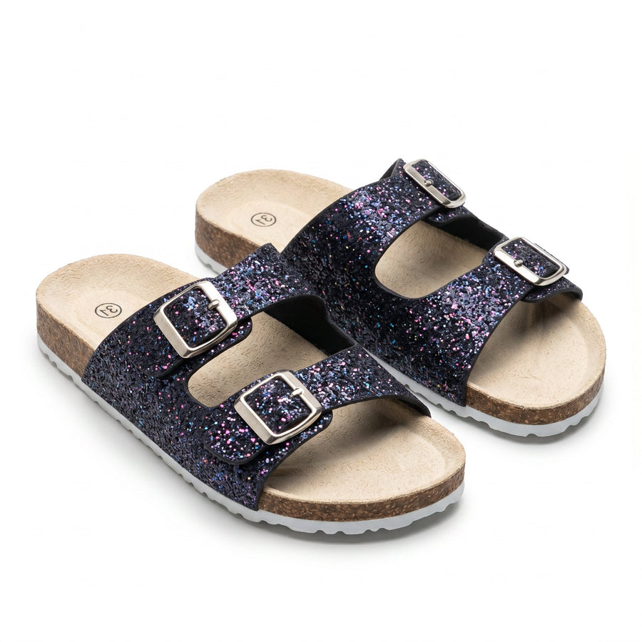 Sandales Fille Glitter Noir Galaxy Double Bride – Style Birkenstock – Importées d'Espagne 🇪🇸
