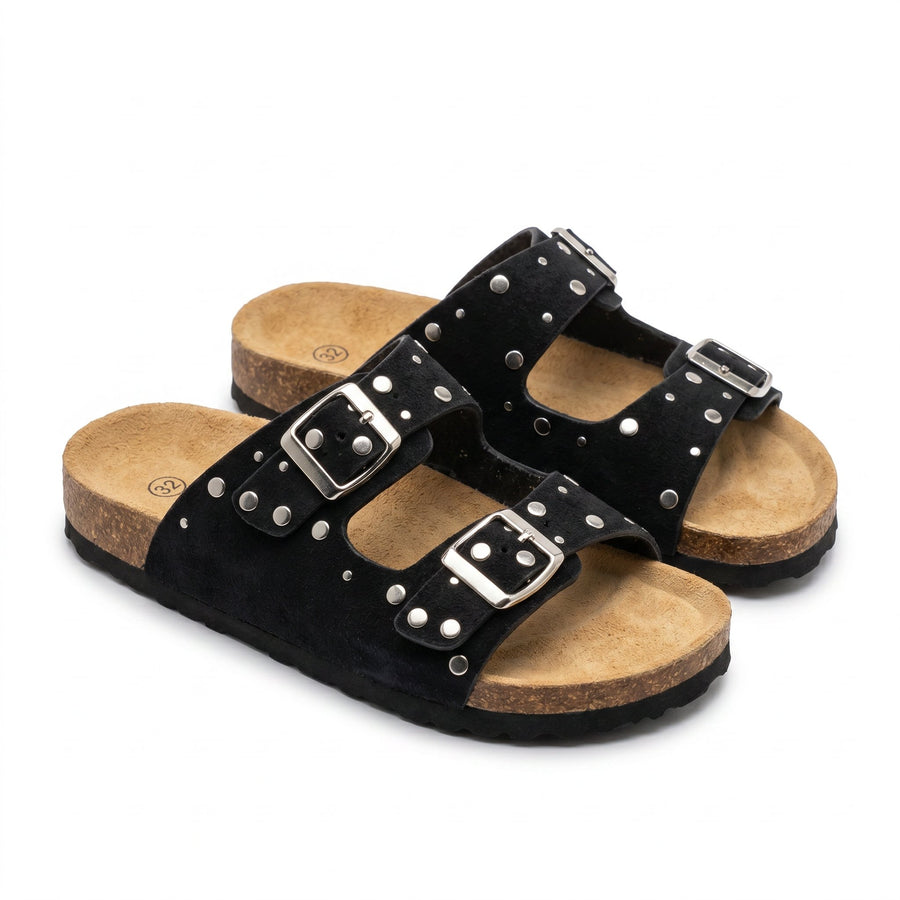 Sandales Fille Noir Double Bride Rivets – Style Birkenstock – Importées d'Espagne 🇪🇸
