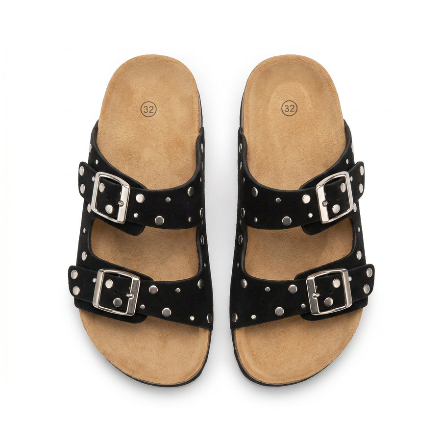 Sandales Fille Noir Double Bride Rivets – Style Birkenstock – Importées d'Espagne 🇪🇸