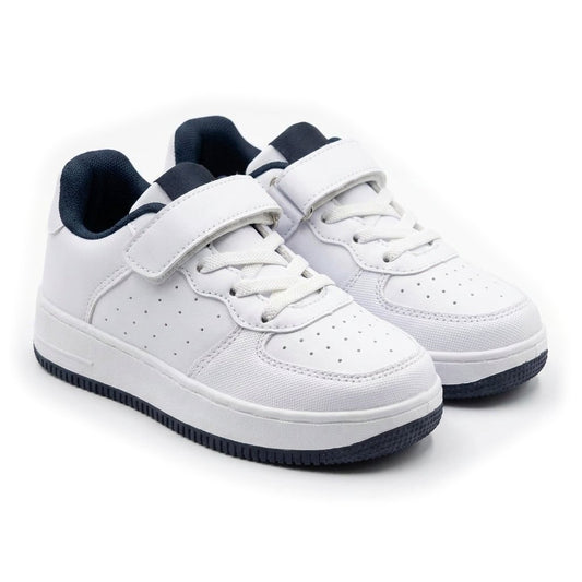 Paire de sneakers enfant unisexes blanches et bleu marine à scratch et lacets – BOMBAS Maroc
