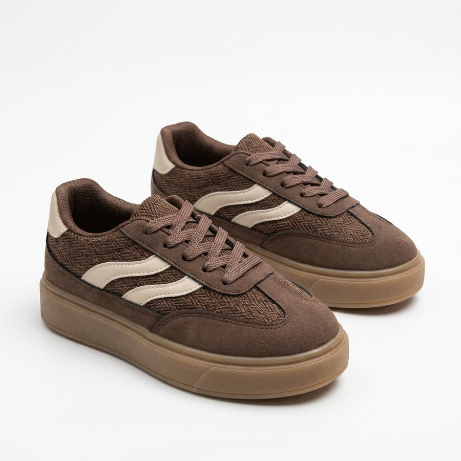 Sneakers Femme Suédine Semelle Épaisse – Marron & Crème