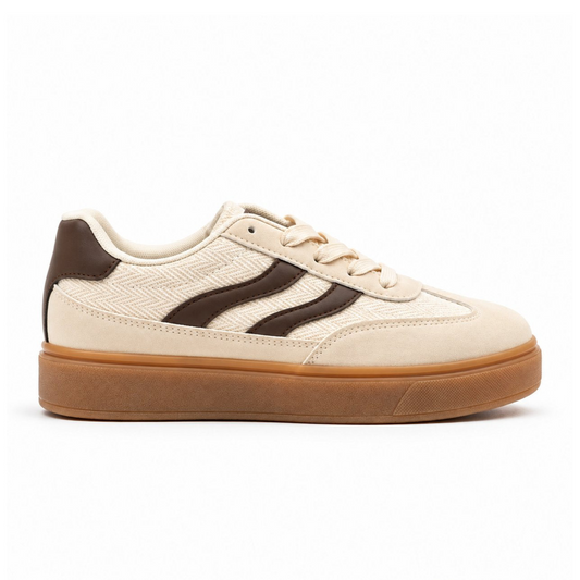 Sneaker femme crème vue de profil, bandes marron et semelle épaisse gomme – Bombas Maroc